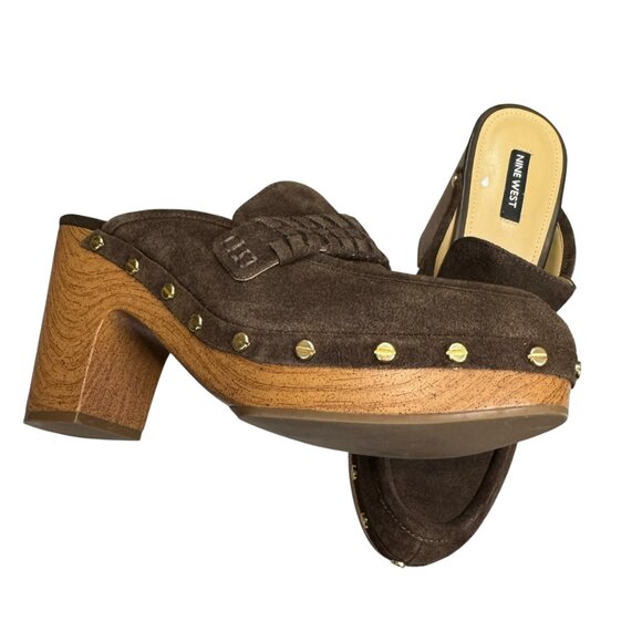 Nine West WNFlowr Brown Suede Platform Clogs Size 9.5 – Studded Wood Block Heel - Picture 8 of 9